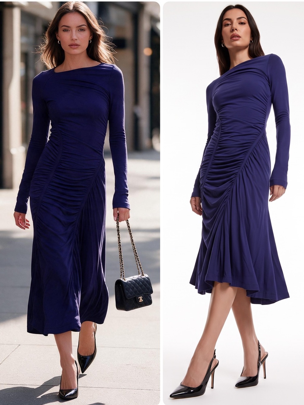 Boss Ecamo Viscose Deep Navy Long-Sleeve Ruched Asymmetric Midi Dress NWOT $399